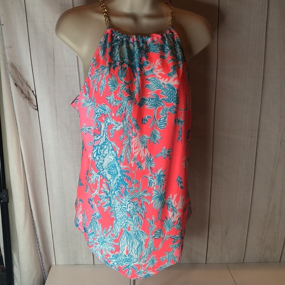 NWT Lilly Pulitzer Cabana Halter Top Shelly Bay Coral Spritz Gold Chain Small - Picture 12 of 14